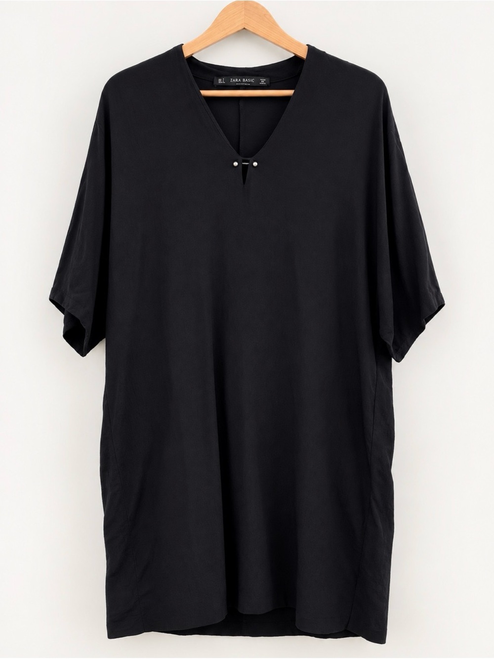 Zara Basic Black V-Neck Shift Dress Silver Detail Size L